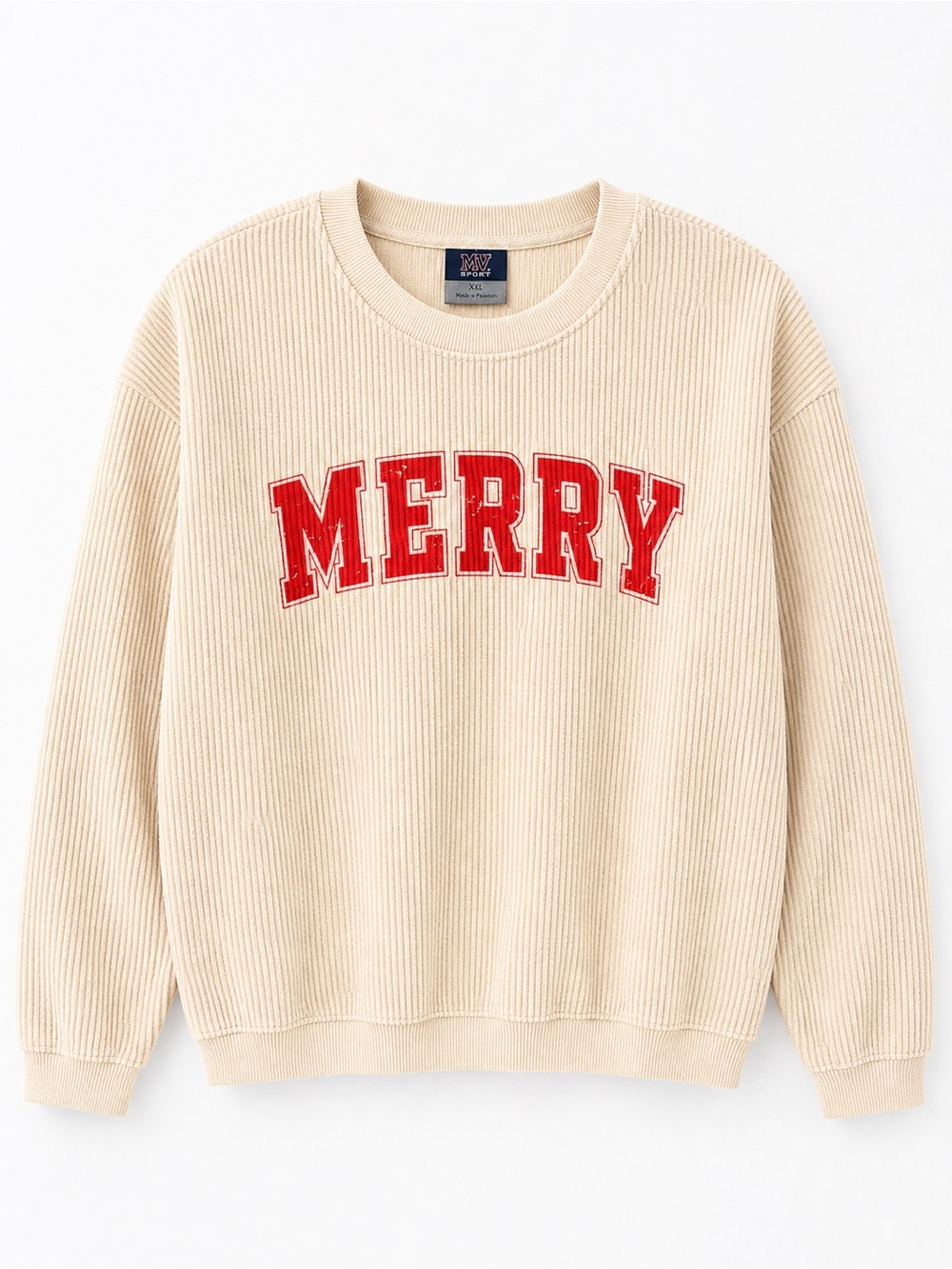 MV Sport Cream Corded Crewneck Sweatshirt with Navy Logo